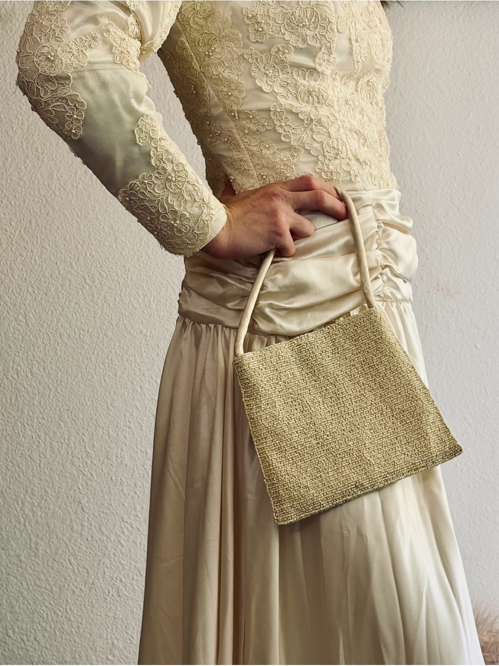 Vintage 90s Cream Beaded Satin Purse